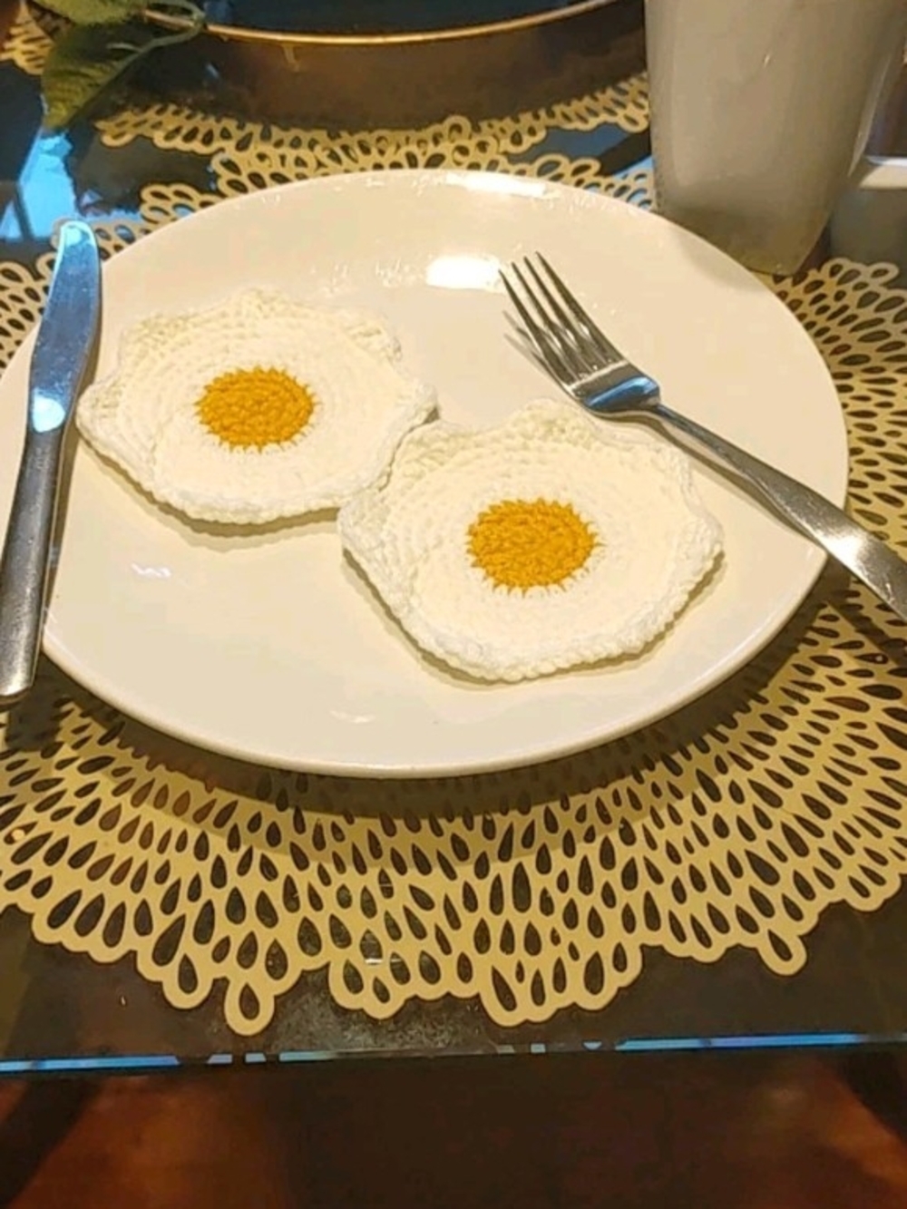 Crocheted Sunny Egg Coaster Set in White and Yellow